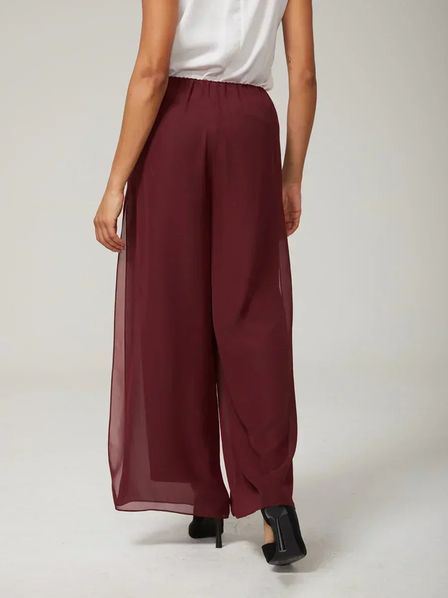 Rechte broek met chiffon split been overlay