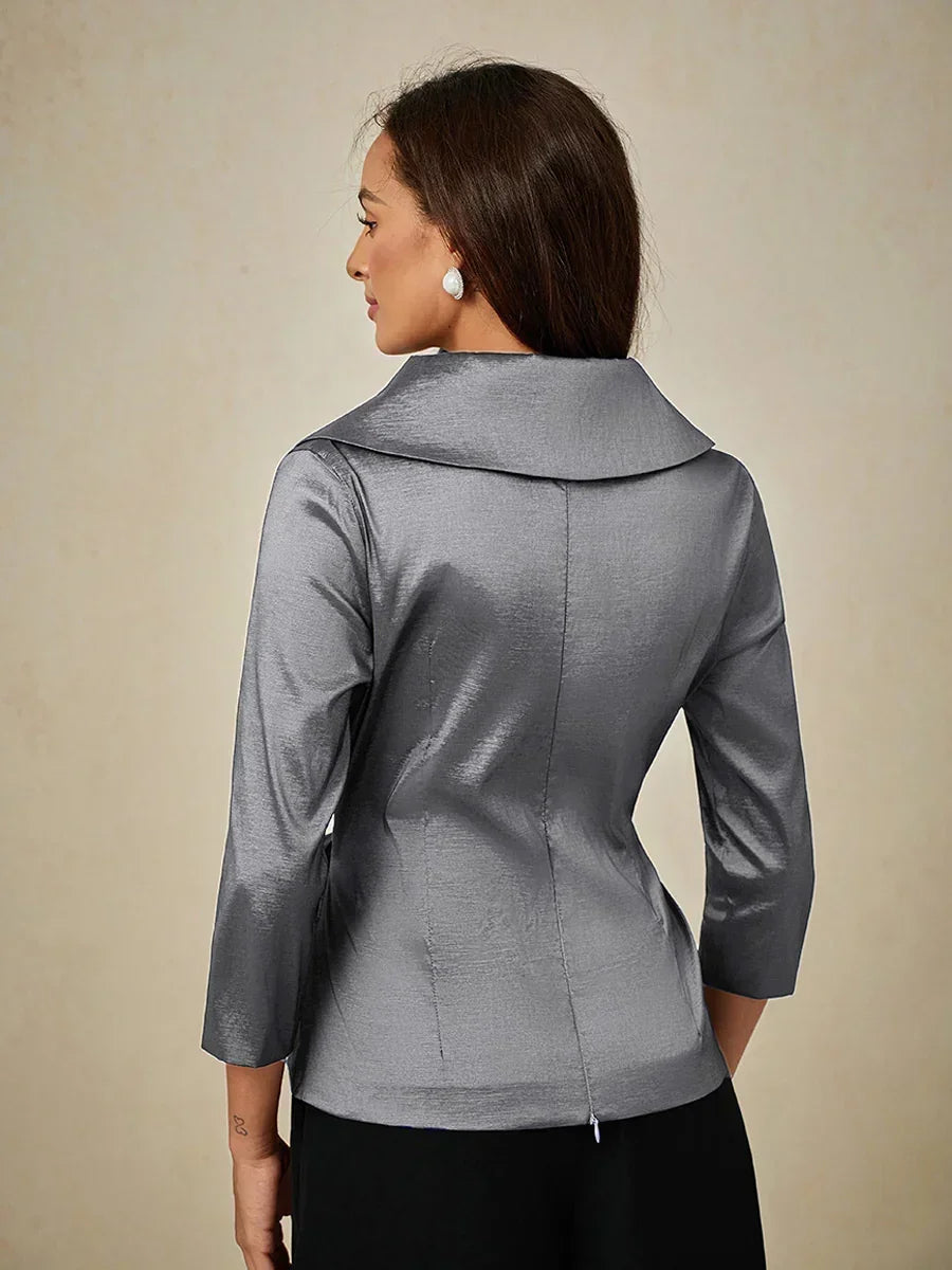 3/4 Sleeve Stretch Taffeta Blouse with Tie Waist Detail