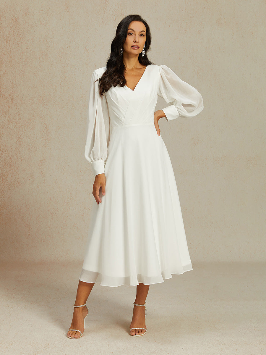 Chiffon-Brautkleid mit V-Ausschnitt und Puffärmeln