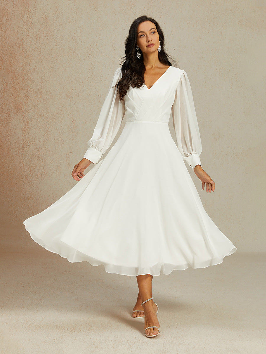 Chiffon-Brautkleid mit V-Ausschnitt und Puffärmeln