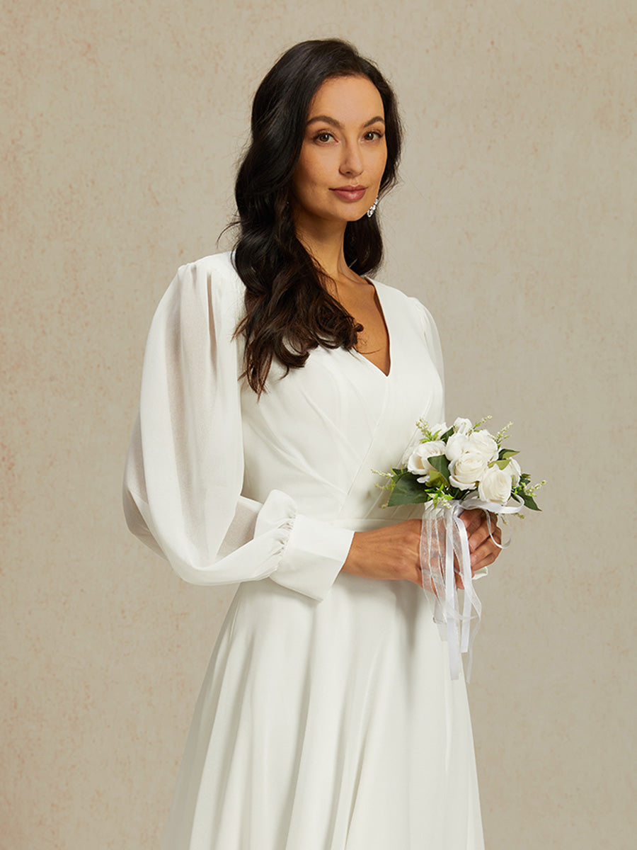 Chiffon-Brautkleid mit V-Ausschnitt und Puffärmeln