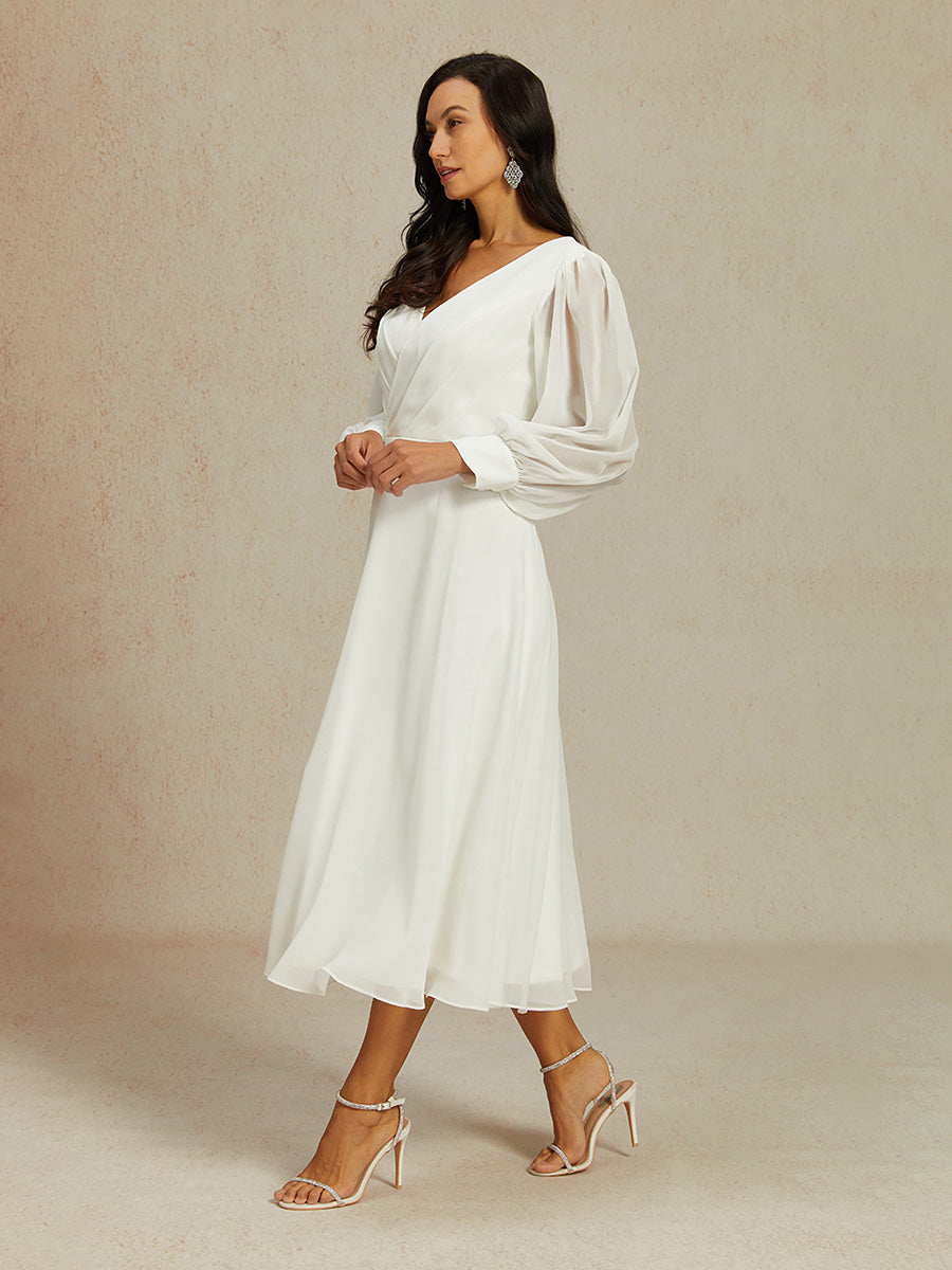 Chiffon-Brautkleid mit V-Ausschnitt und Puffärmeln