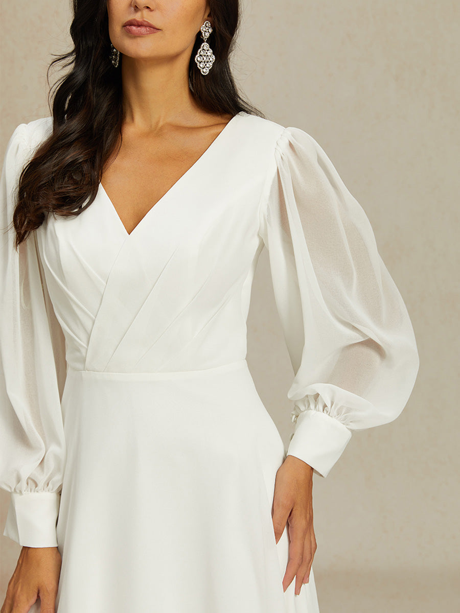 Chiffon-Brautkleid mit V-Ausschnitt und Puffärmeln