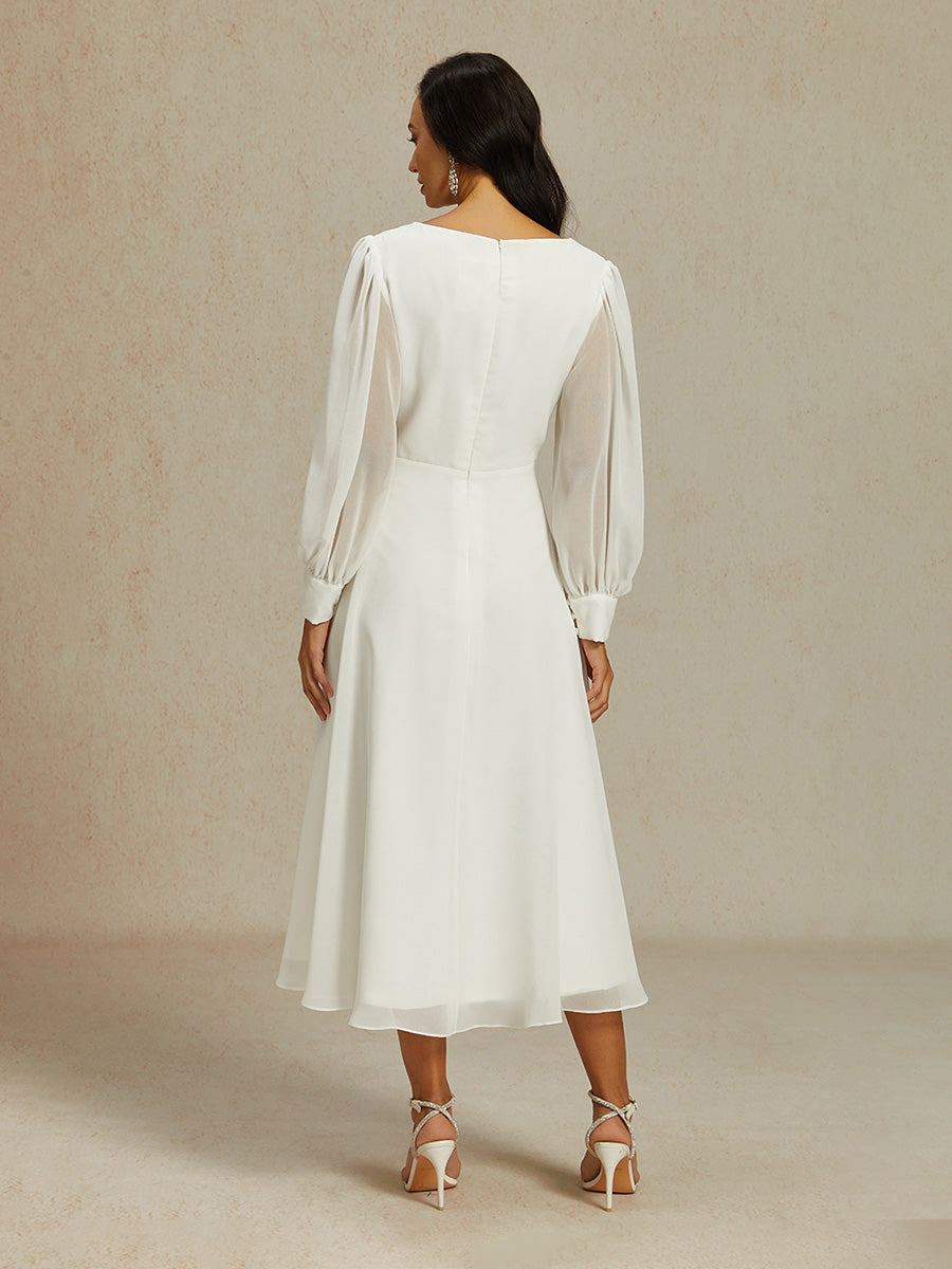 Chiffon-Brautkleid mit V-Ausschnitt und Puffärmeln