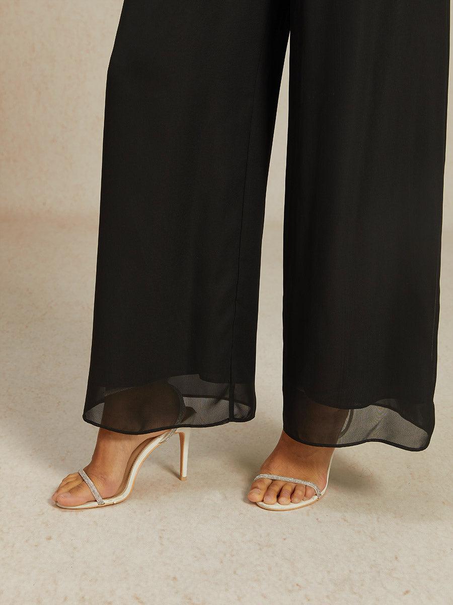 Mid-Rise Elastic Waist Wide-Leg Chiffon Pants