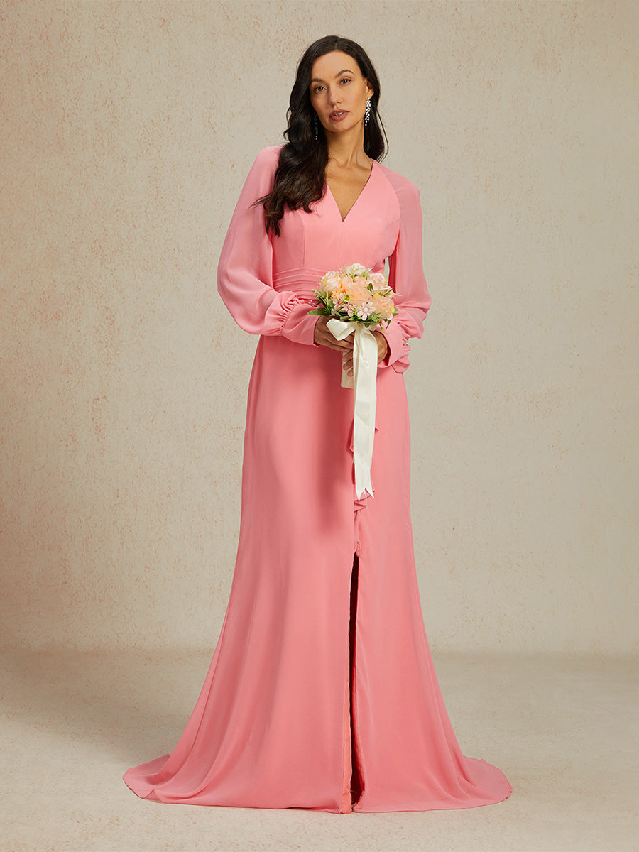 Elegant Dianthus Pink Evening Gown with Ruffle Slit