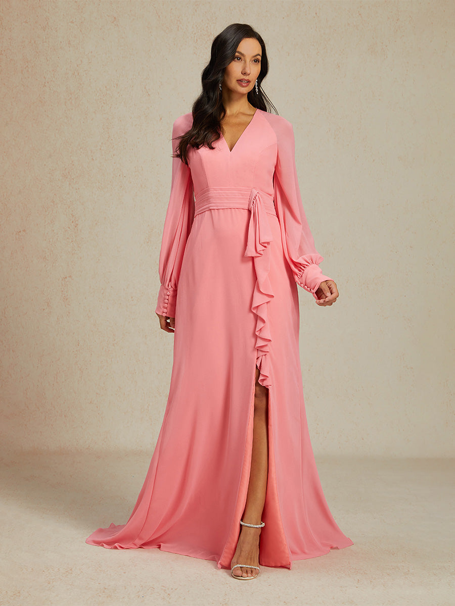 Elegant Dianthus Pink Evening Gown with Ruffle Slit