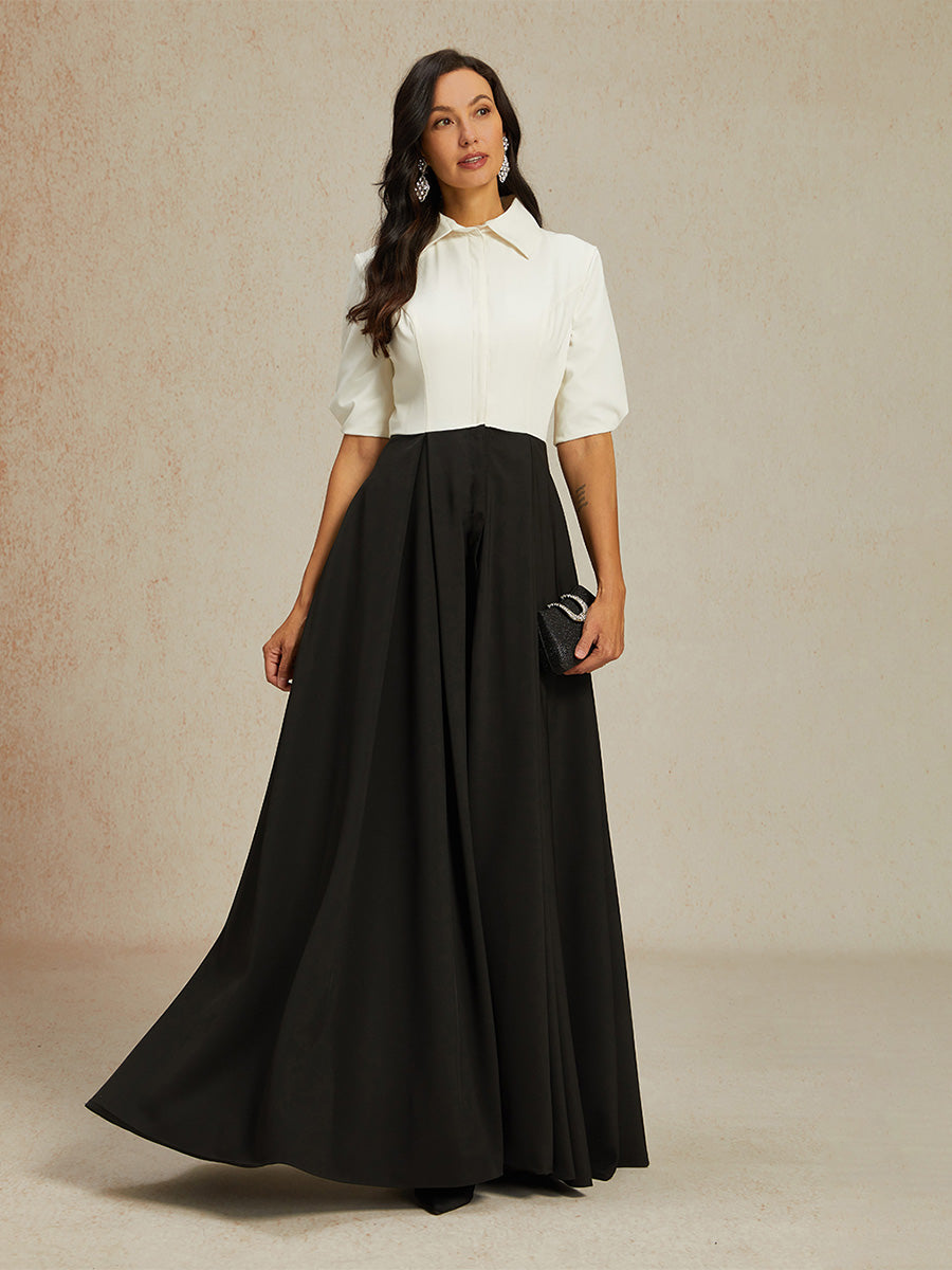 Robe longue noire et blanche à col chemise