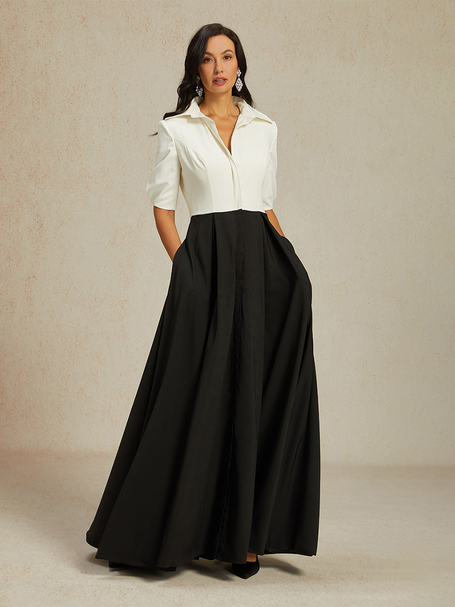 Robe longue noire et blanche à col chemise