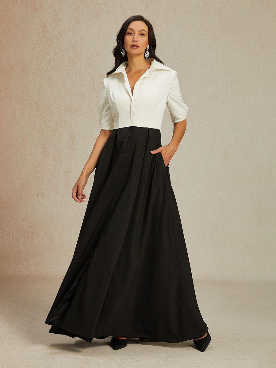 Robe longue noire et blanche à col chemise