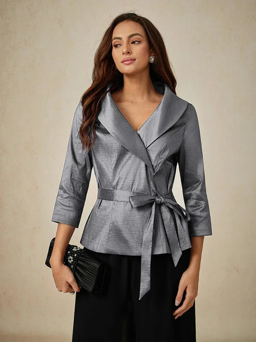 3/4 Sleeve Stretch Taffeta Blouse with Tie Waist Detail