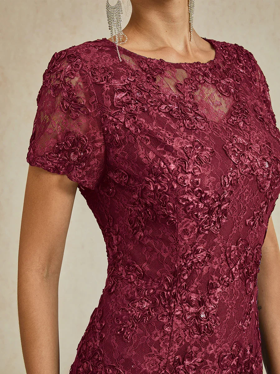 Vestido línea A con encaje roseta y adornos de lentejuelas