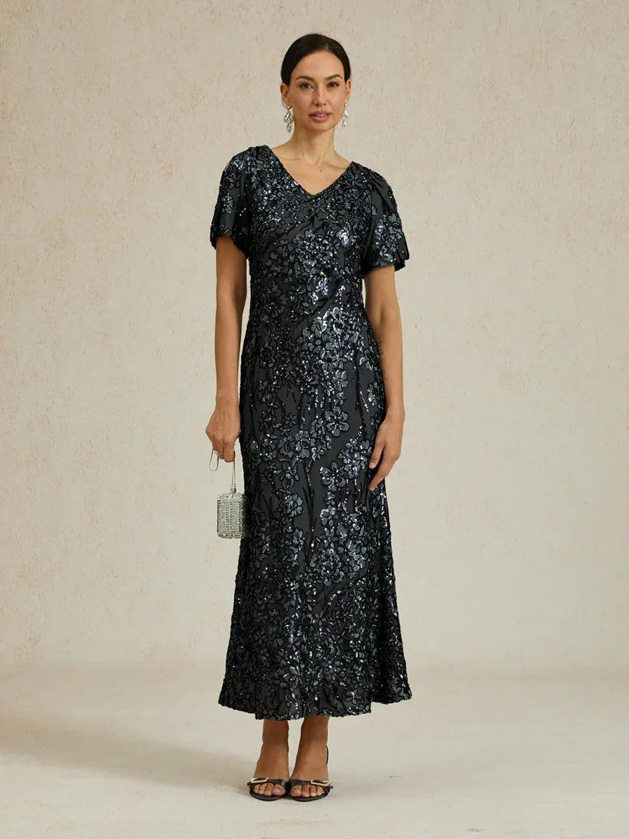 Elegantes Paillettenkleid mit V-Ausschnitt und kalten Schultern