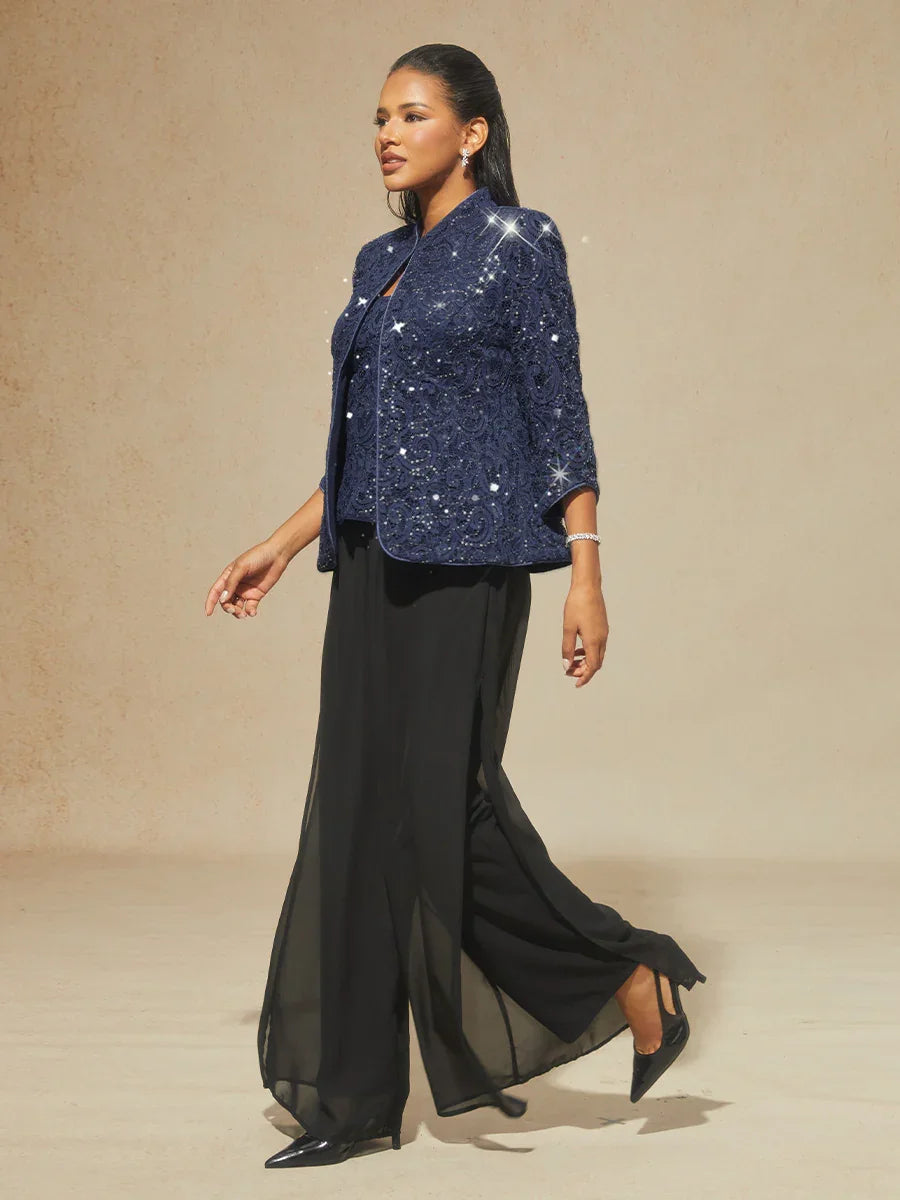 ペイズリー柄レースのマンダリンカラー ツインセット(ラインストーン付き)