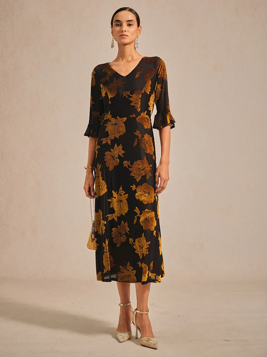 Floral A-Line Dress with Flutter Sleeves