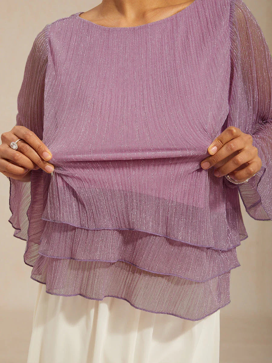 Metallic Pleated Chiffon Asymmetrical Layered Blouse