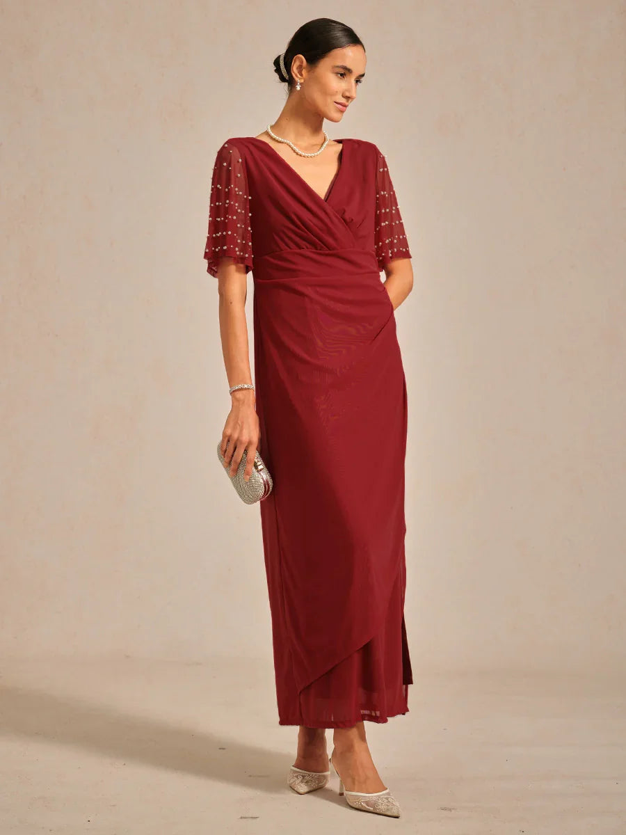 Elegant Formal Dress with Embellished Flutter Sleeves