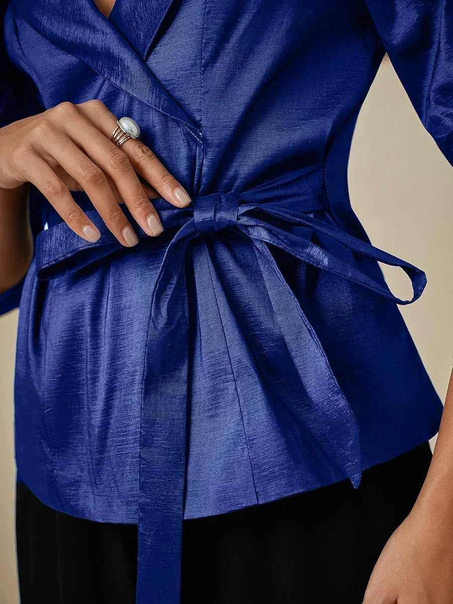 3/4 Sleeve Stretch Taffeta Blouse with Tie Waist Detail