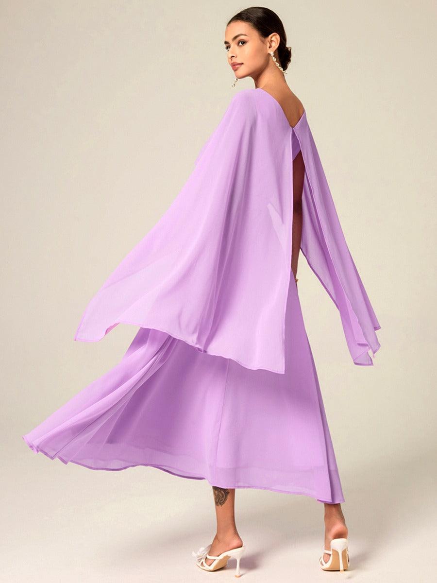 Belted Waist Purple Chiffon Maxi Dress