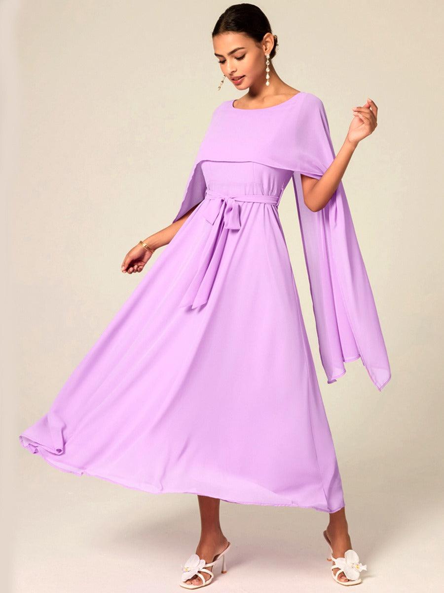 Belted Waist Purple Chiffon Maxi Dress