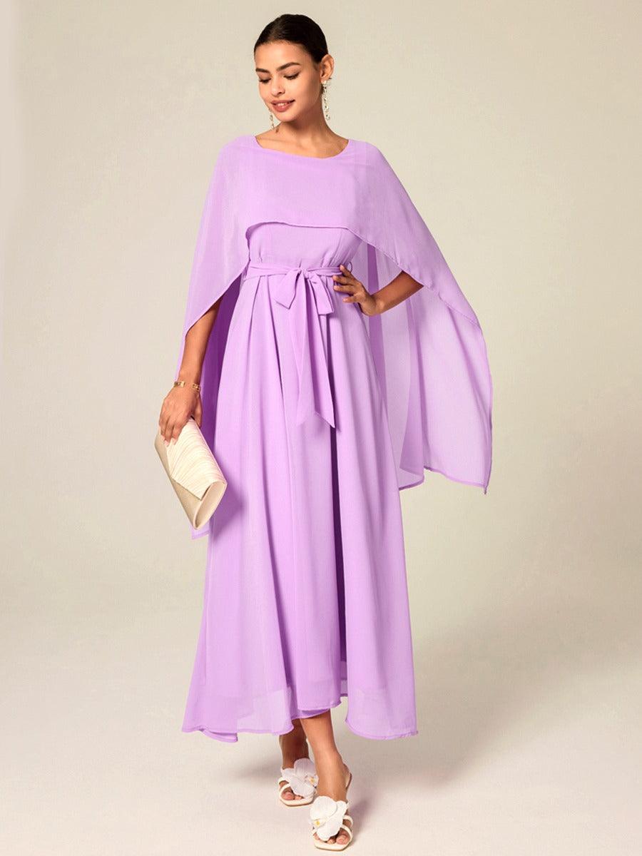 Belted Waist Purple Chiffon Maxi Dress