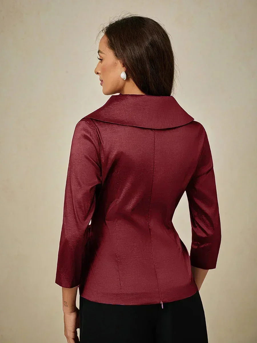 3/4 Sleeve Stretch Taffeta Blouse with Tie Waist Detail