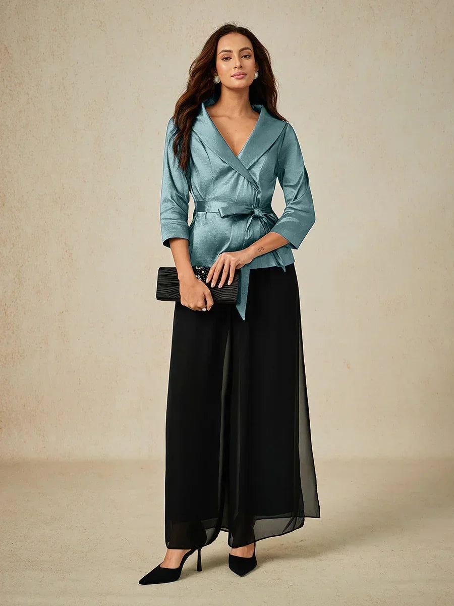 3/4 Sleeve Stretch Taffeta Blouse with Tie Waist Detail