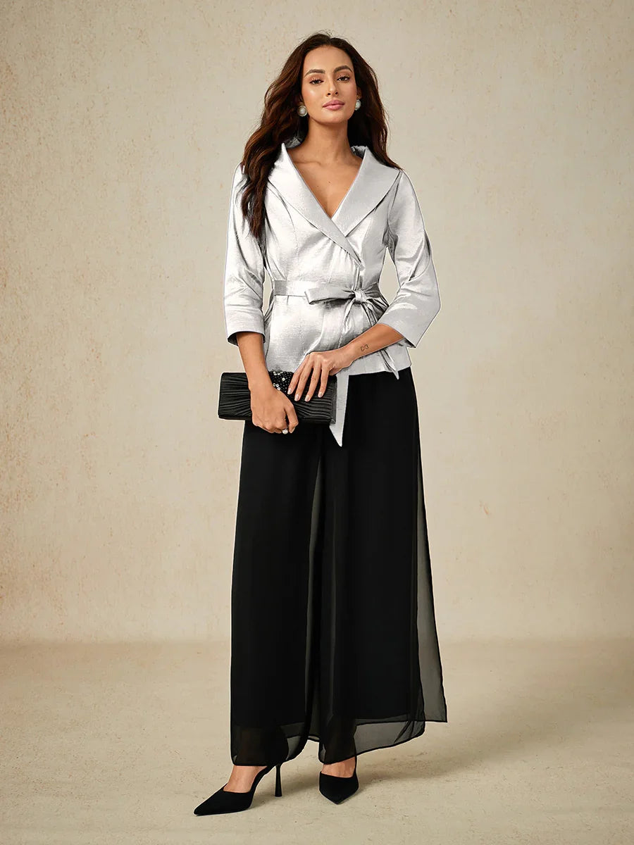 3/4 mouw stretch taffeta blouse met ceintuurdetail
