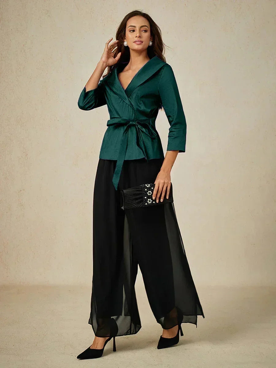 3/4 Sleeve Stretch Taffeta Blouse with Tie Waist Detail