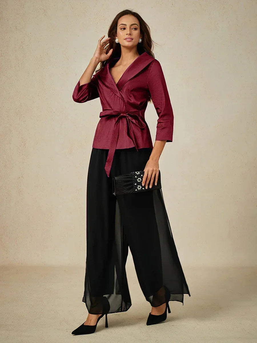3/4 Sleeve Stretch Taffeta Blouse with Tie Waist Detail