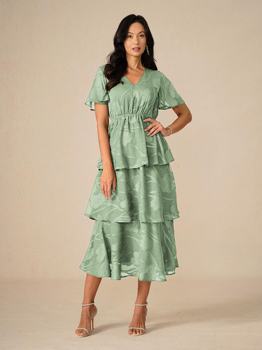 Lace V Neck Ruffle Layered Flutter Dress