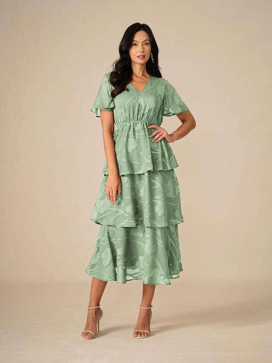 Lace V Neck Ruffle Layered Flutter Dress