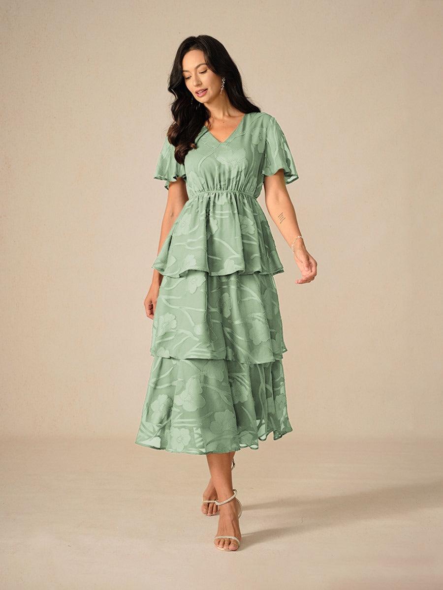 Lace V Neck Ruffle Layered Flutter Dress