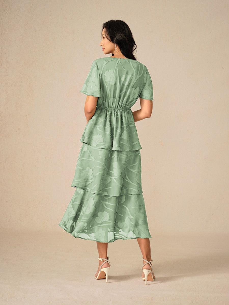 Lace V Neck Ruffle Layered Flutter Dress
