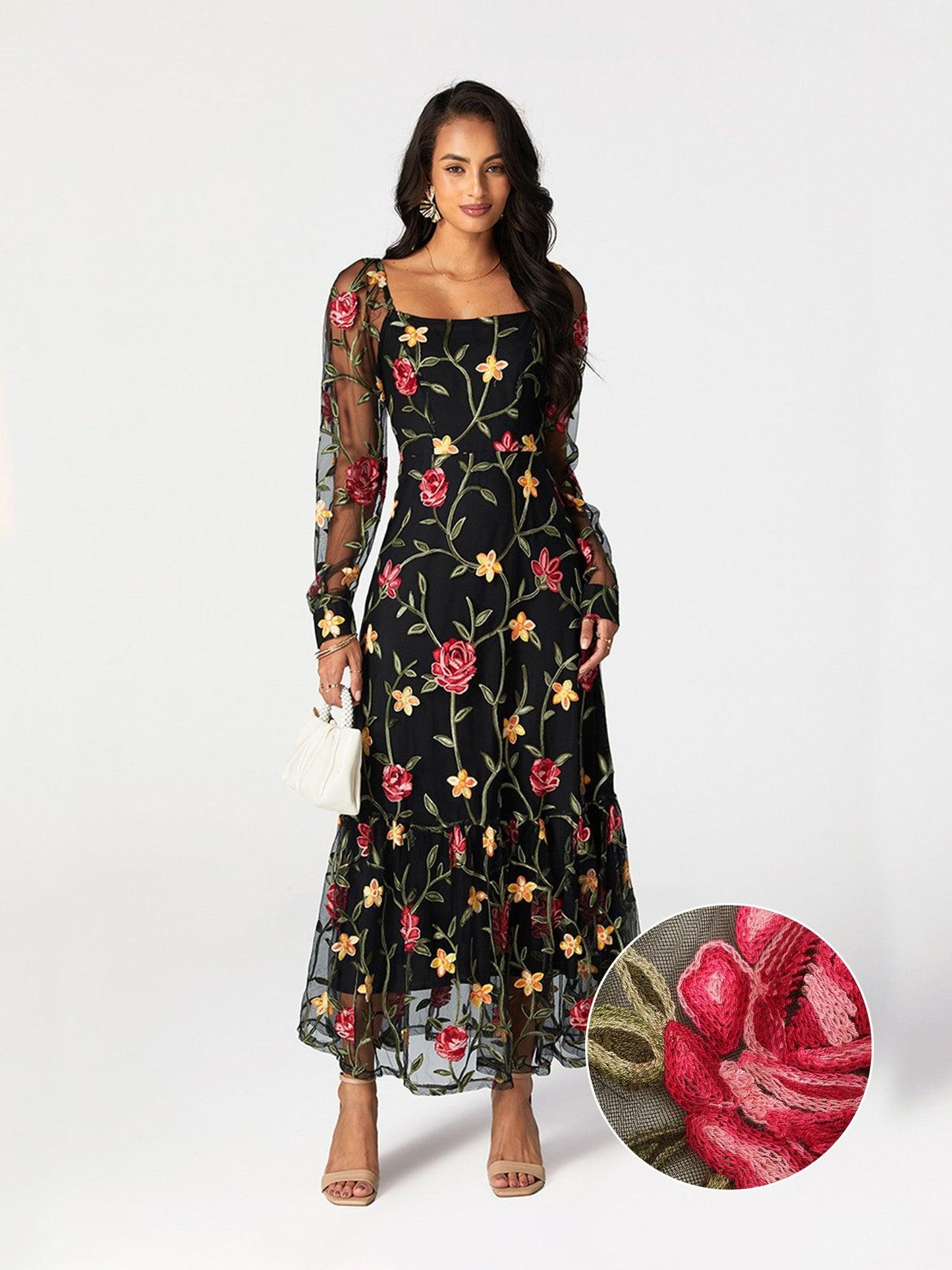 Floral Embroidery Mesh Square Neck Maxi Dress