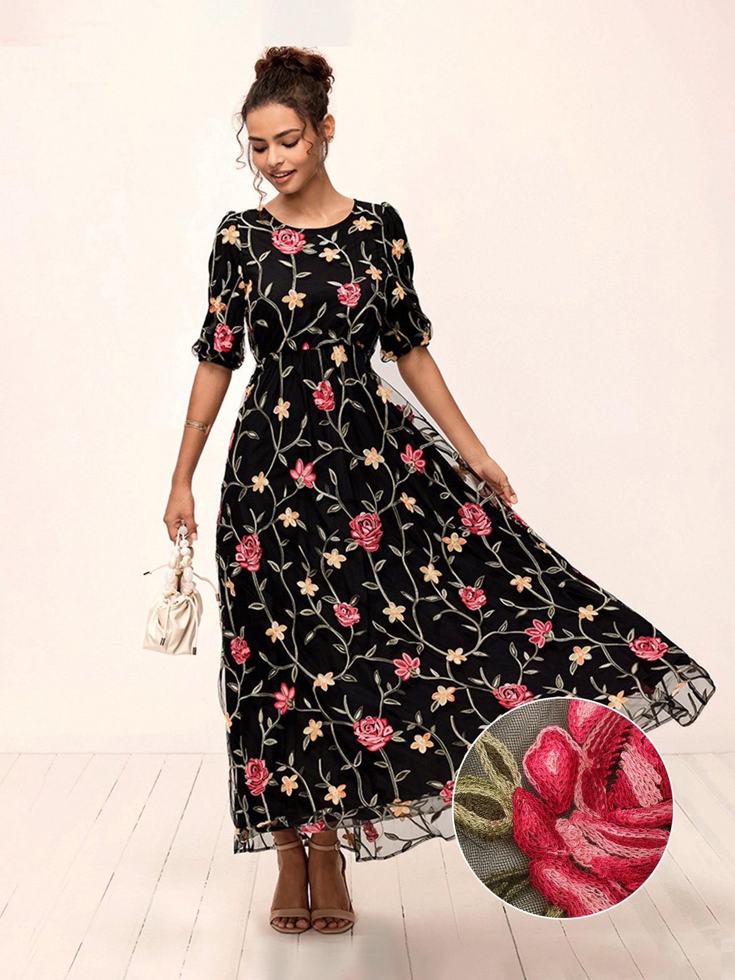 Black Floral Maxi Dress Elastic Waist Sheer Sleeves Black Floral Maxi Dress Elastic Waist Sheer Sleeves