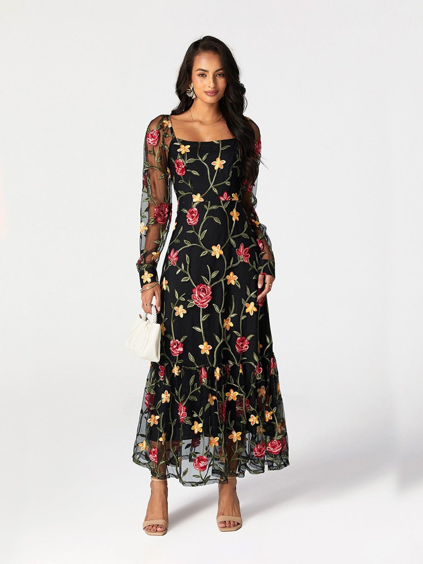 Floral Embroidery Mesh Square Neck Maxi Dress