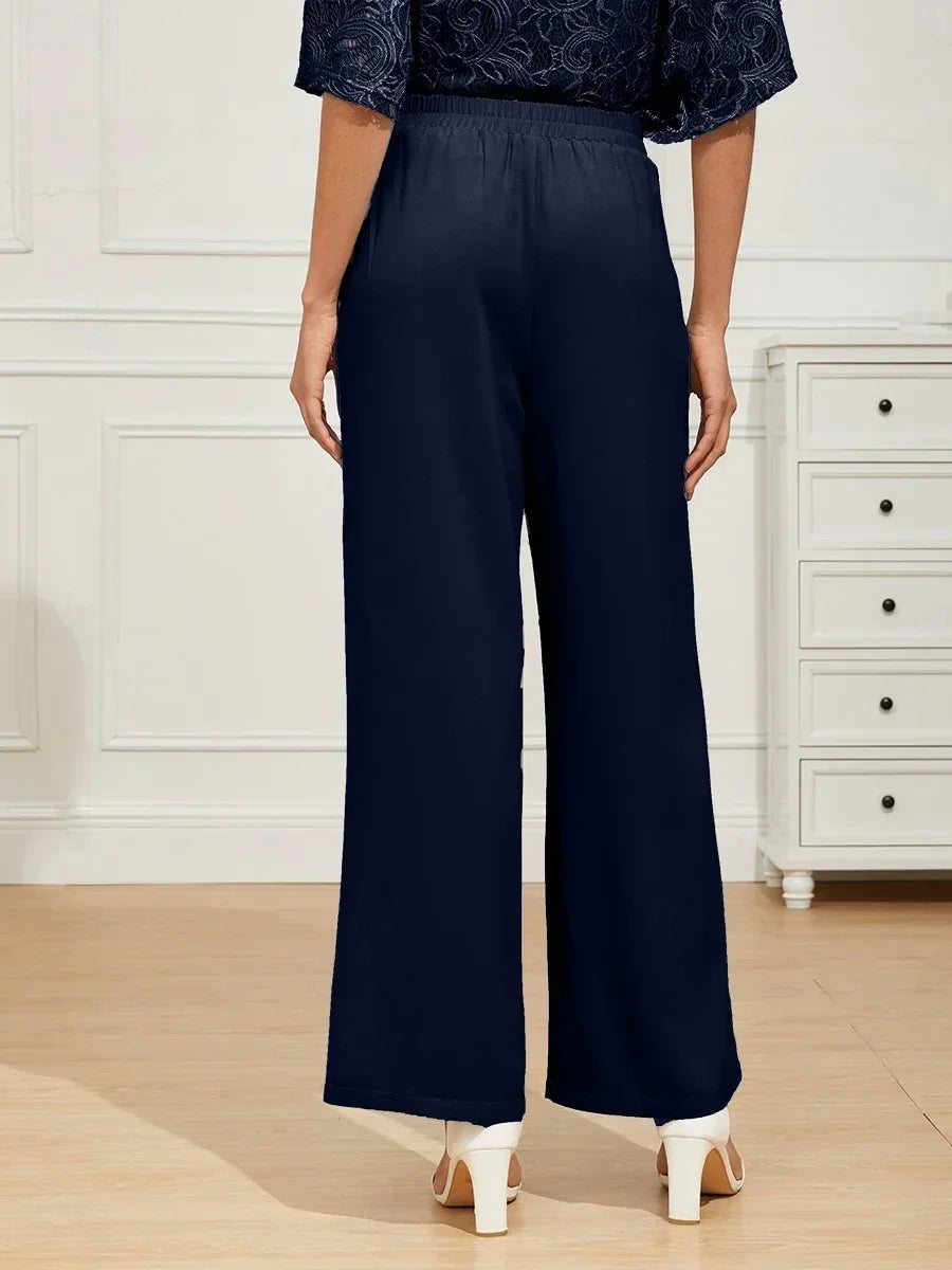 Mid-Rise Elastic Waist Wide-Leg Pants with Pockets