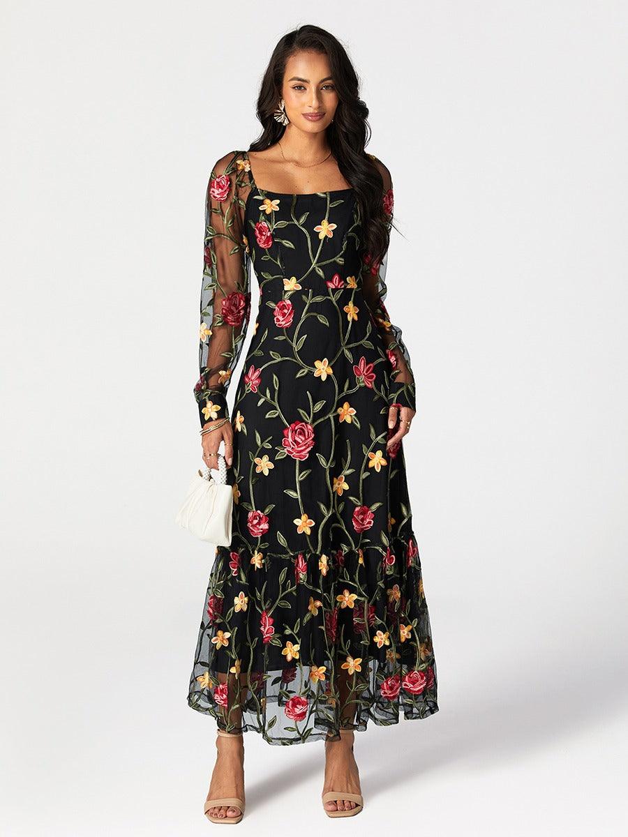 Floral Embroidery Mesh Square Neck Maxi Dress