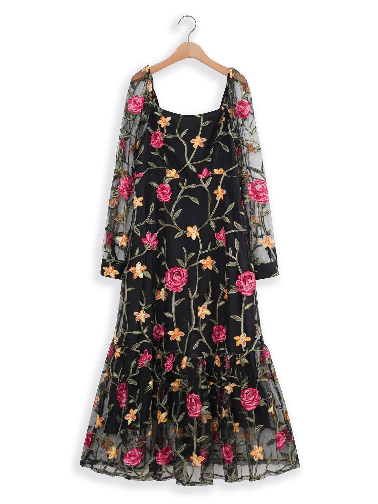 Floral Embroidery Mesh Square Neck Maxi Dress