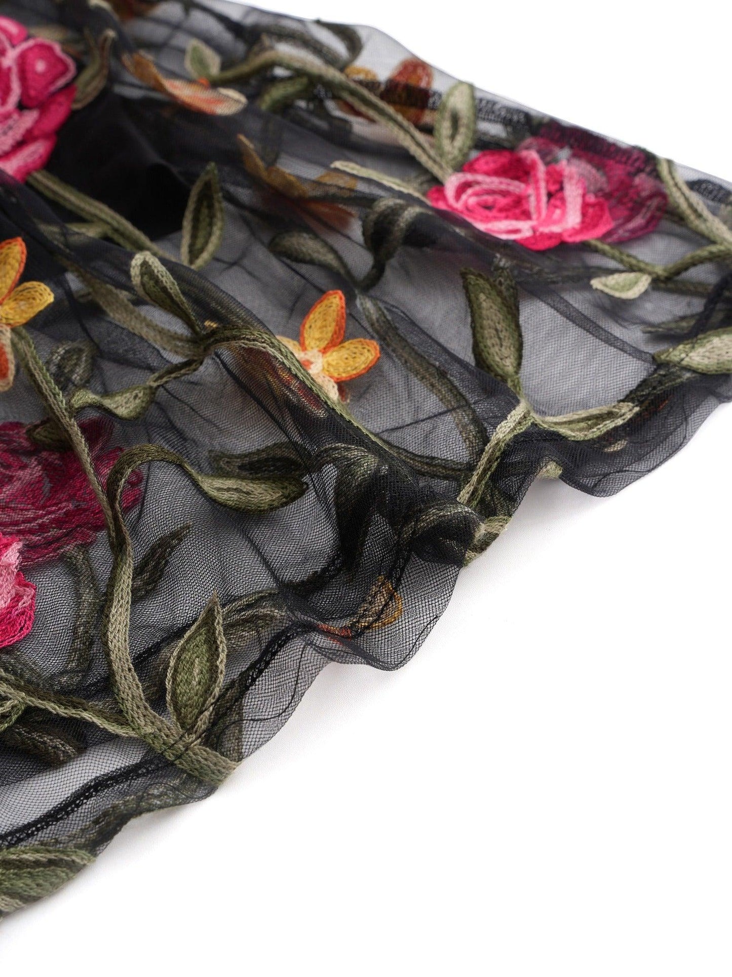 Floral Embroidery Mesh Square Neck Maxi Dress
