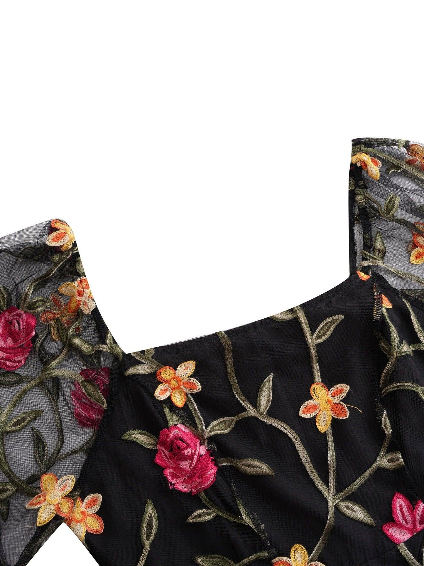 Floral Embroidery Mesh Square Neck Maxi Dress