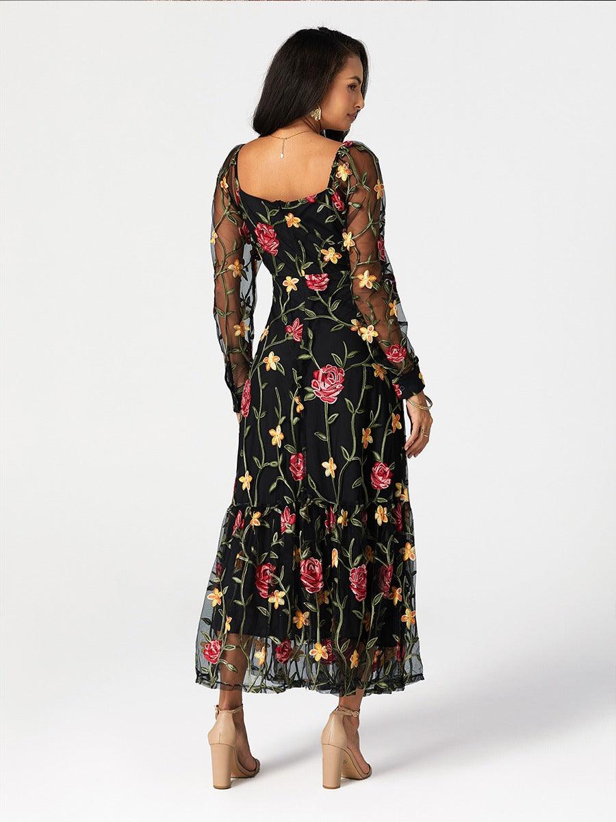 Floral Embroidery Mesh Square Neck Maxi Dress