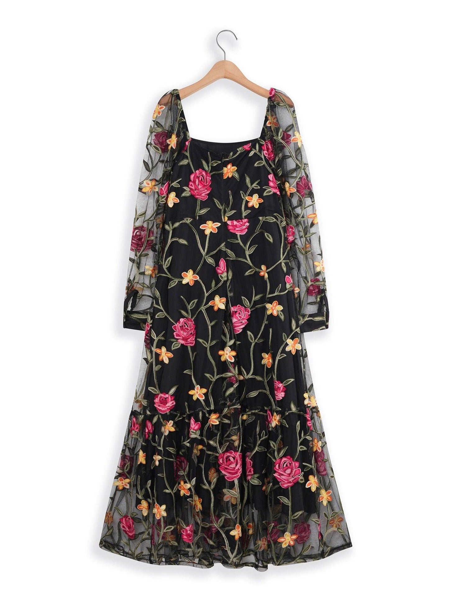 Floral Embroidery Mesh Square Neck Maxi Dress