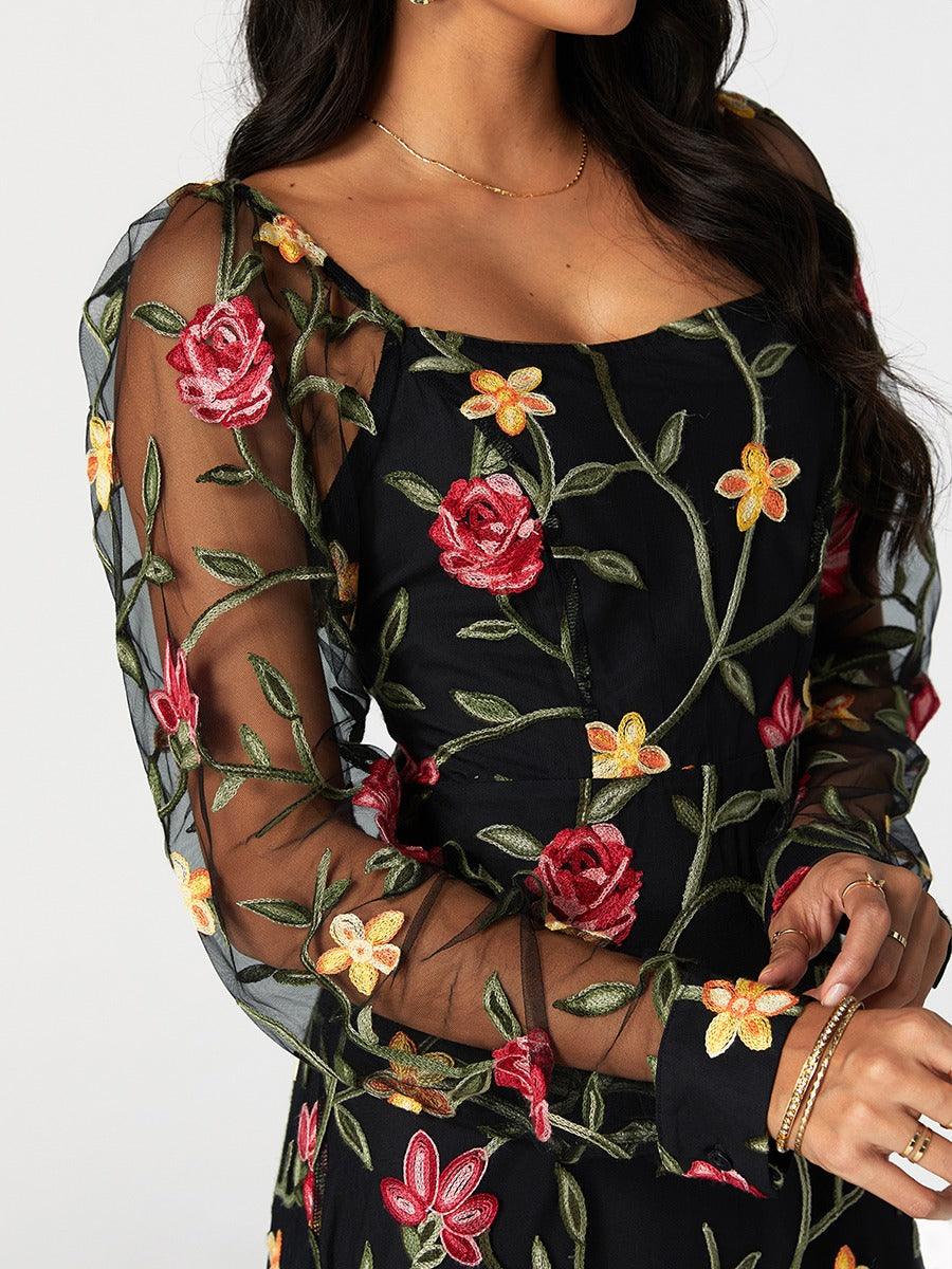 Floral Embroidery Mesh Square Neck Maxi Dress