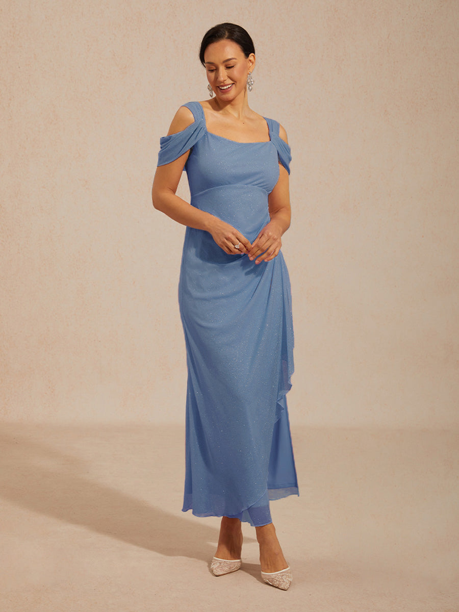 Ankle-Length Cold Shoulder Glitter Mesh Dress