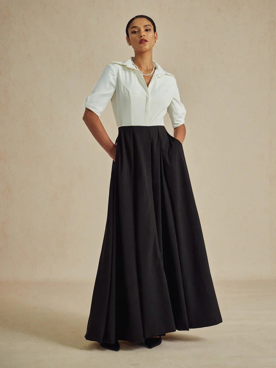 Formal Black & White Stretch Taffeta Maxi Dress