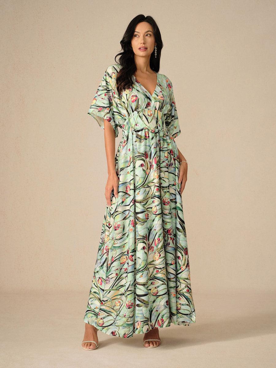 Tropical Floral Satin Maxi Dress