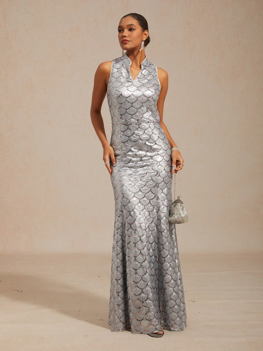 スパンコール付きノースリーブフィットマーメイドドレス