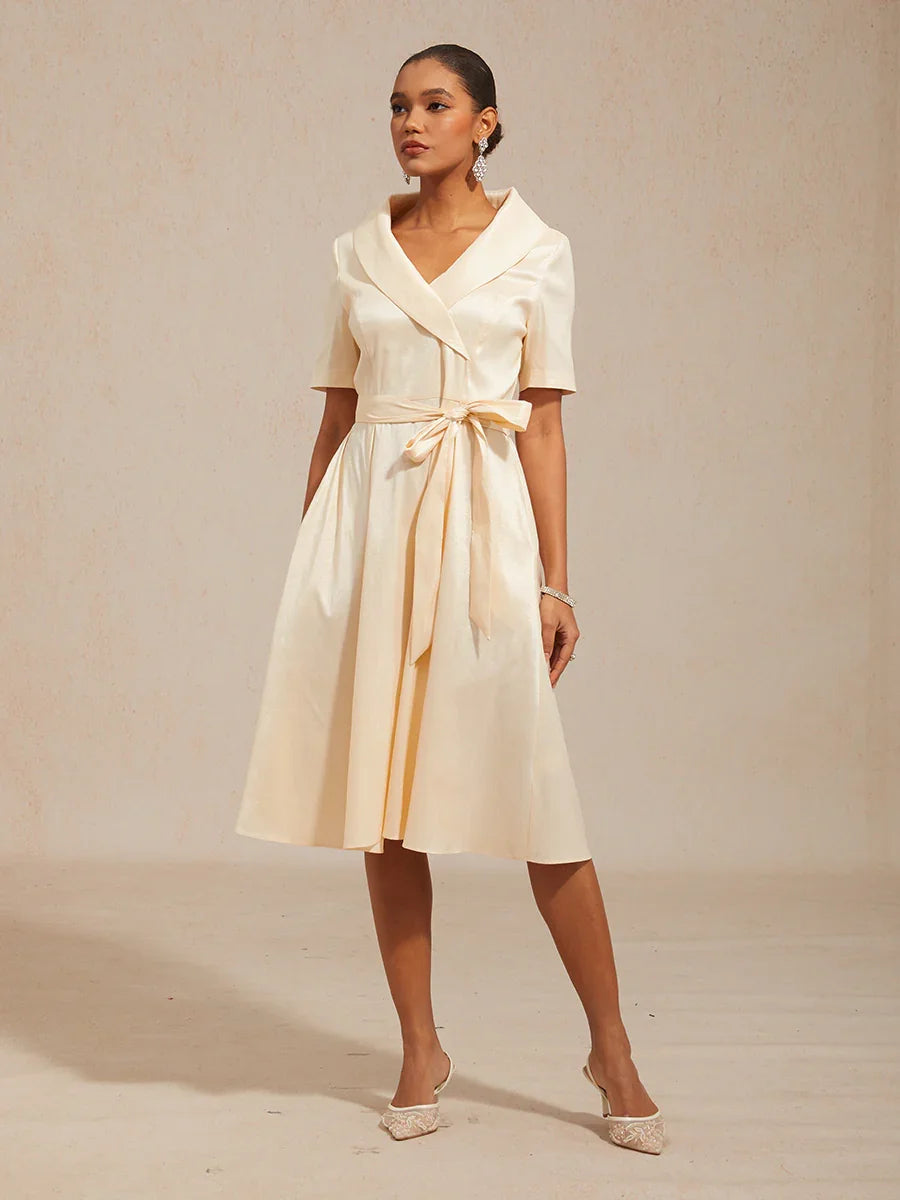 Women's Midi Dress Sheath Dress Elegant Daily Wedding Guest Cocktail Party Tie Front Pocket Regular Fit Solid Color Short Sleeve V Neck Shirt Collar